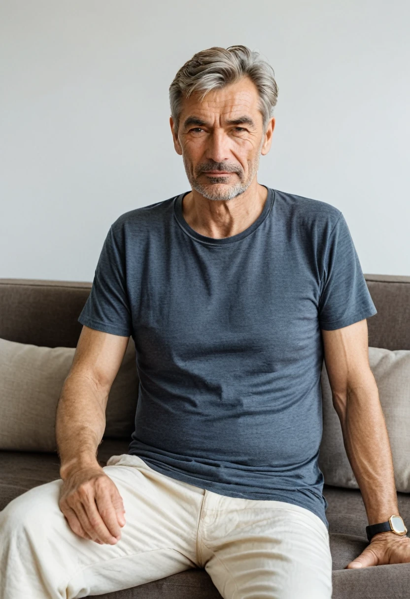 RAW photo, full body, 55-year-old man, wrinkles, casual t-shirt, sitting on the guest sofa, looking at the viewer, wearing cream shoes, straight forward position, in front of the viewpoint,