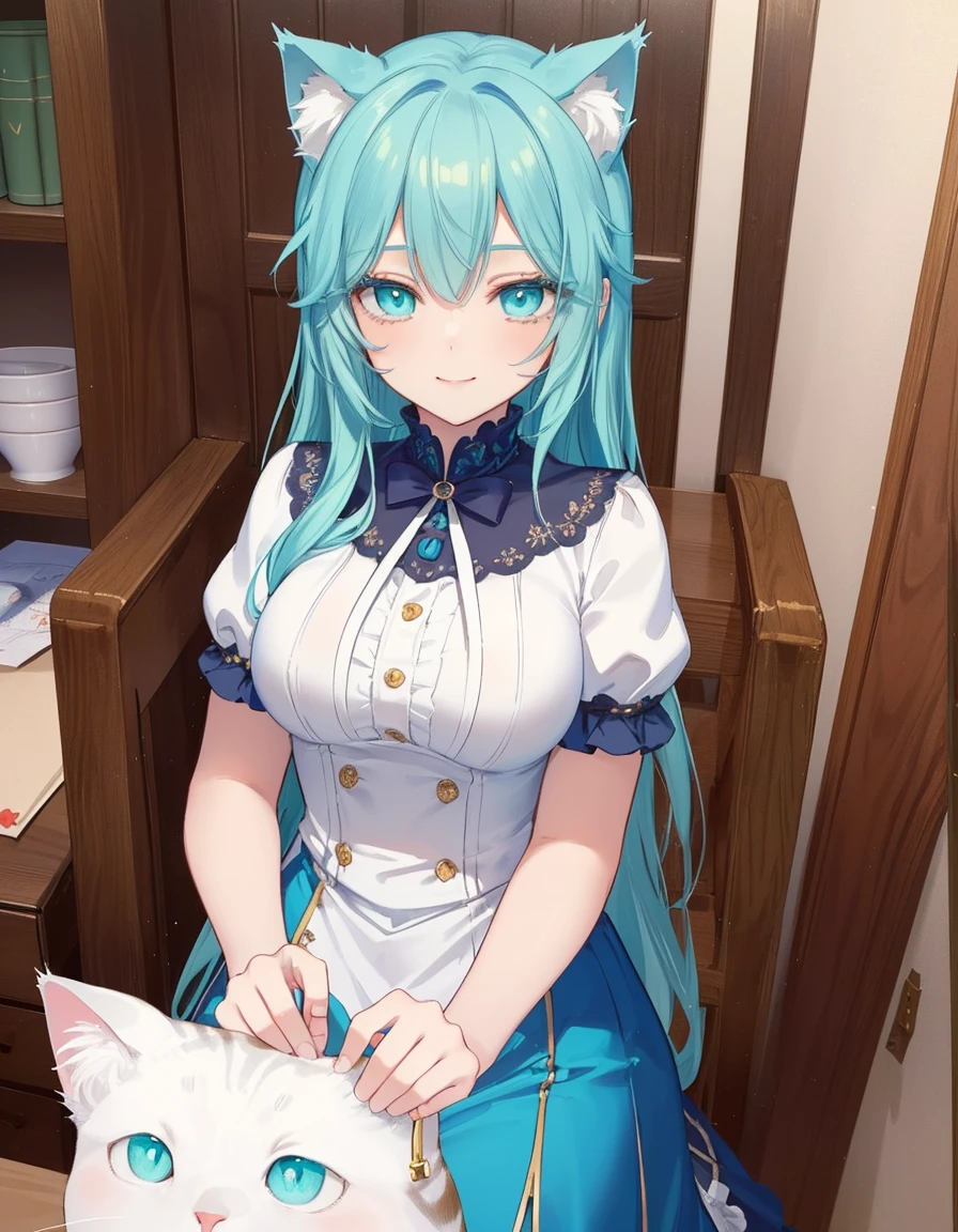 gal, smile, wink, one closed eye, ((masterpiece, best quality:1.5)), ((Beautiful detailed cat aqua eyes:1.2)), cat ears, pale skin, medium breasts, beautiful hands, beautiful fingers, EasyNegative