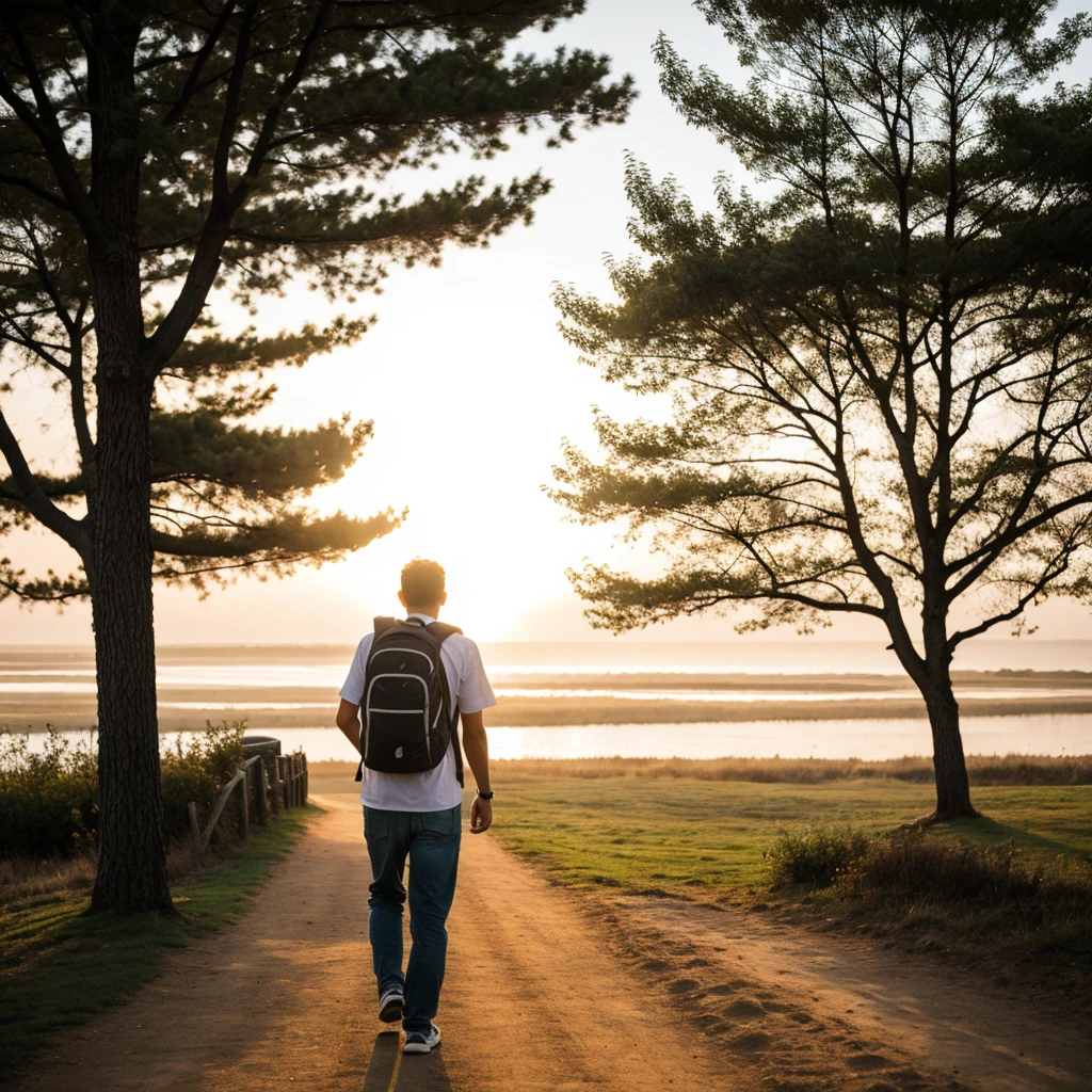 Man walking with backpack at sunrise