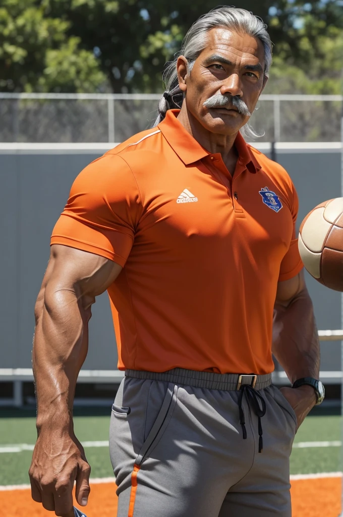 man from samoa, 60 years old, very muscular body, long gray hair, football coach, thin moustache, at a football field, wearing orange polo shirt and orange pants