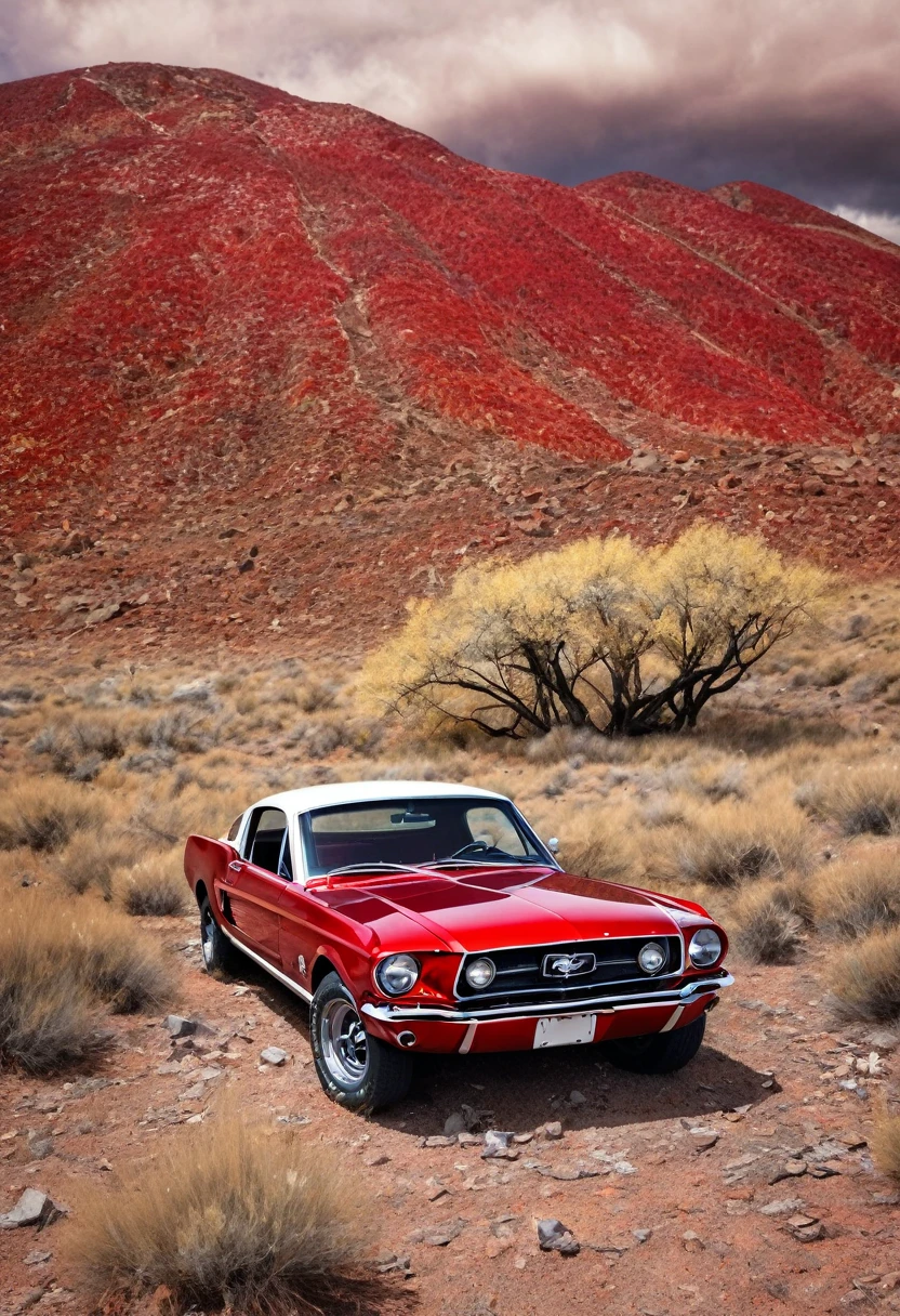 Create an, red Mustang 1967 in the heart of a desolate landscape. The world around it has withered, yet the car remains, the car now rests on four deflated tires. Its chrome grille has lost its lustre, and the paint has faded into a patchwork of rust and memories. The windshield is cracked like a spider’s web, a torn map, a pair of sunglasses, and a dried-up flower pressed against the glass. (Copilot)