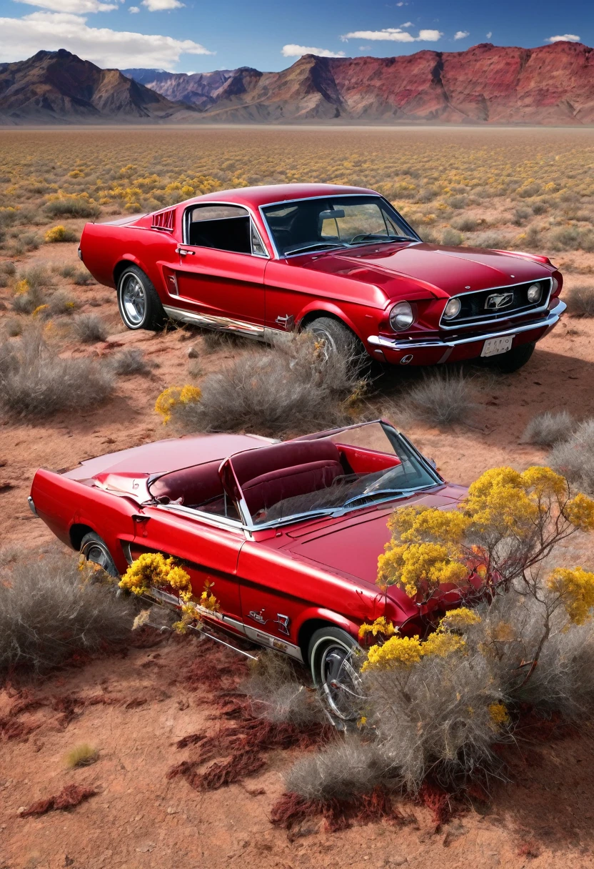 Create an, red Mustang 1967 in the heart of a desolate landscape. The world around it has withered, yet the car remains, the car now rests on four deflated tires. Its chrome grille has lost its lustre, and the paint has faded into a patchwork of rust and memories. The windshield is cracked like a spider’s web, a torn map, a pair of sunglasses, and a dried-up flower pressed against the glass. (Copilot)