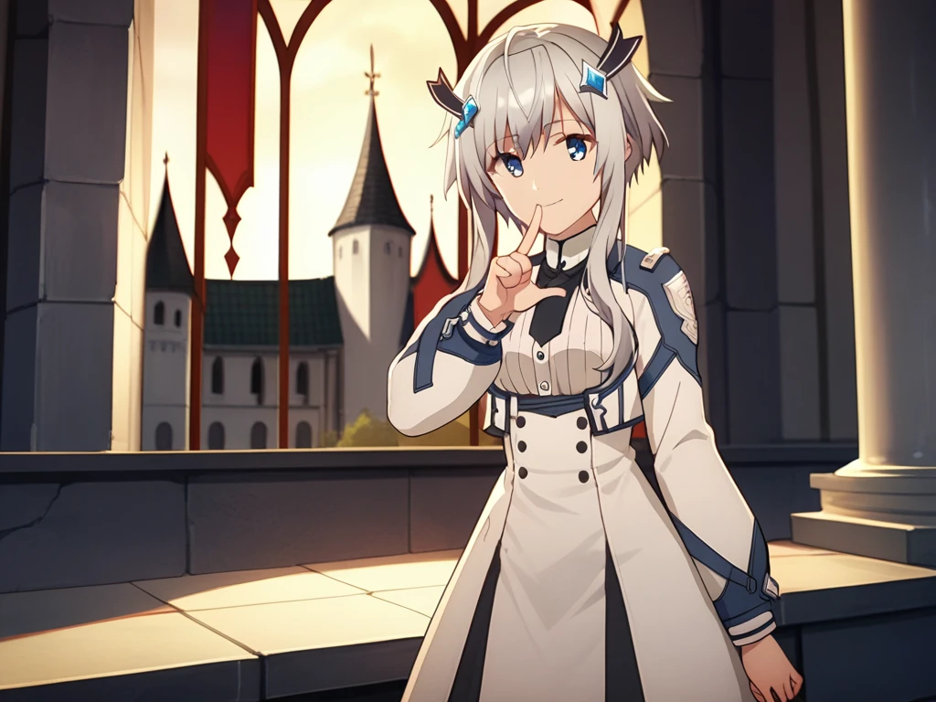 MishaNecron, short hair with long locks, solo, uniform, gray hair, gray thighhighs, hair ornament, light smile, short tie, white dress, blue eyes, long sleeves, score_9, score_8_up, score_7_up, score_6_up, source_anime, fantasy, castle, perfect lighting, anime screencap, cute pose, finger heart