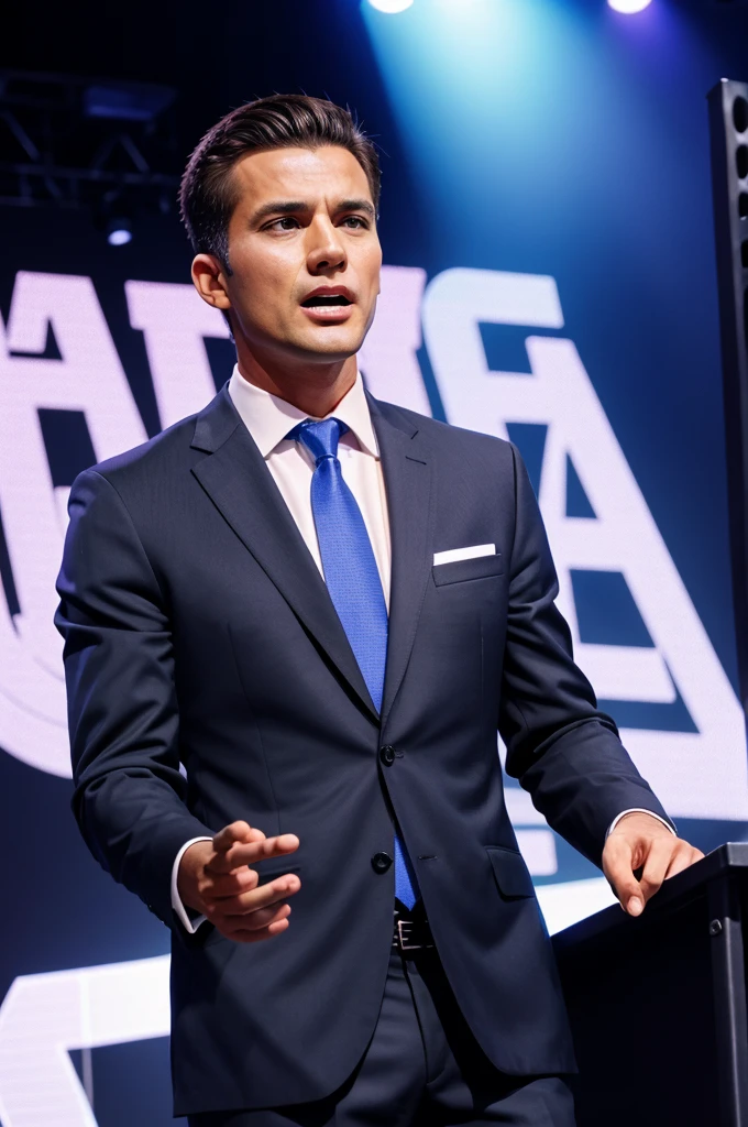 Business man giving speech on stage
