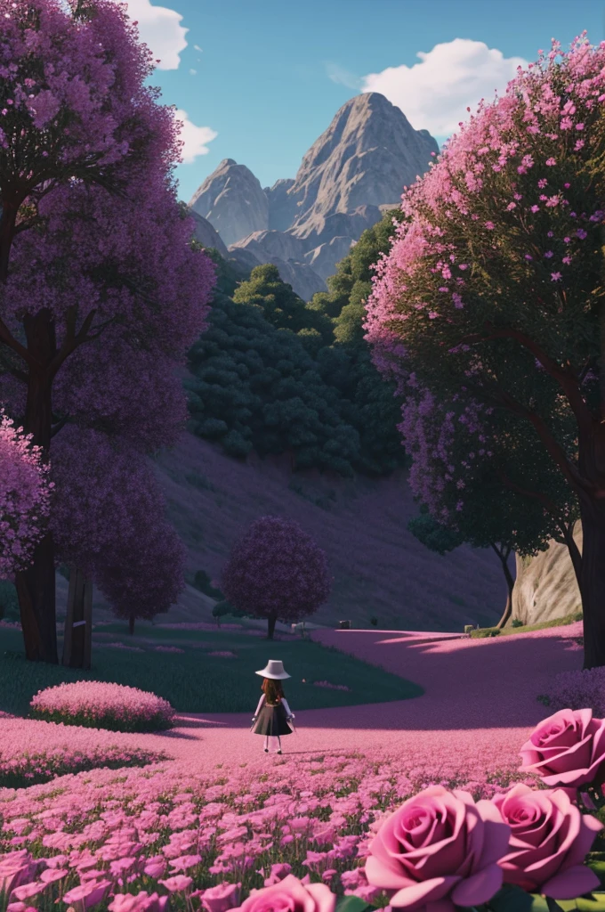 GFX fille roblox cheveux brun long haut rose bas noir fond rose paysage 