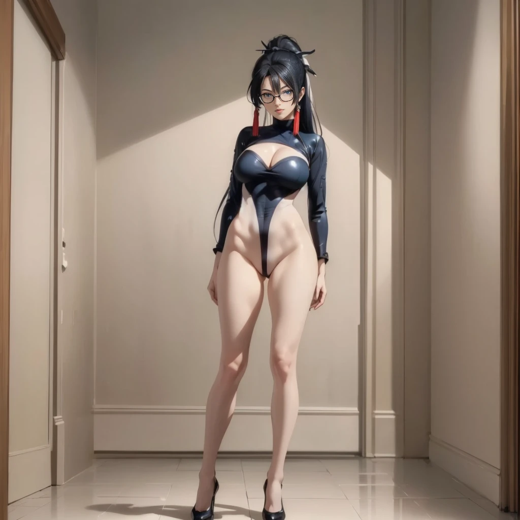 ((1girl, solo, full body, full body front)), (perfect anatomy, perfect hands, perfect legs), beautiful body, natural proportions BREAK
((extremely detailed face)), (beautiful detailed eyes:1.6), (realistic pupils, realistic iris:1), expressive eyes, looking at viewer, (clear eyes:1.2), (sharp facial features:1.2), (hyperrealistic:1), (detailed skin texture:1.2), smooth skin, (black hair), (blue eyes), (long hair:1.3), tassel earrings, hair ornament, hair stick, glasses, semi-rimless eyewear, red-framed eyewear, ((mature female)), (detailed lips, attractive lips:1.2), (glossy lips:1) BREAK
(skin tight:1.5) BREAK
(masterpiece:1.2), best quality, high resolution, (highly detailed shading), (realistic lighting:1.2), anime-style, perfect lighting, vibrant colors, dynamic tones, striking hues, 8k, absurd resolution, perfect shadows, hdr, UHD, ambient lighting, realistic, ultra-realistic, photo realistic, highly detailed, rich detail, luminous colors, fine texture, intricate design, professional illustration, (soft light:1.2), (illustration:0.8)