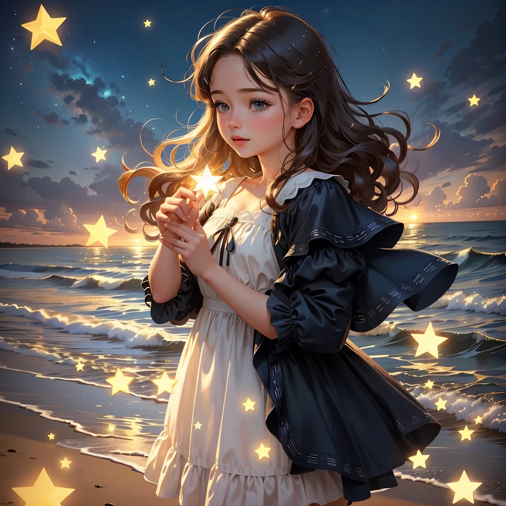 (((masterpiece: 1.2, realisti: 1.37, ultra high resolution))), female model, light skin, fell, curly hair, blue dress, am sea, Rose petals everywhere, high contrast, dynamic, Soft focus, natta, stars, starsnklarer Himmel, sea,high quality,highest quality,((There are no three feet)),((There are no six fingers)) catching a star in her hand, stars in the distance