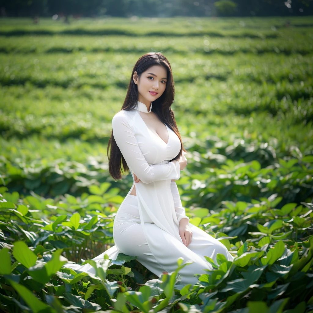 big breasts, round breasts, wearing bra inside ao dai, slim figure, beautiful figure, big breasts, ponytail, sharp 8k quality photo, ((beautiful, sharp, balanced face details) for )), ((beautiful breasts, exposed cleavage, plump body), ((beautiful sparkling eyes, sharp eye details, beautiful face)), sitting in the middle of a ripe rice field, ((super beautiful body with high details , tight body, big chest, slim waist))