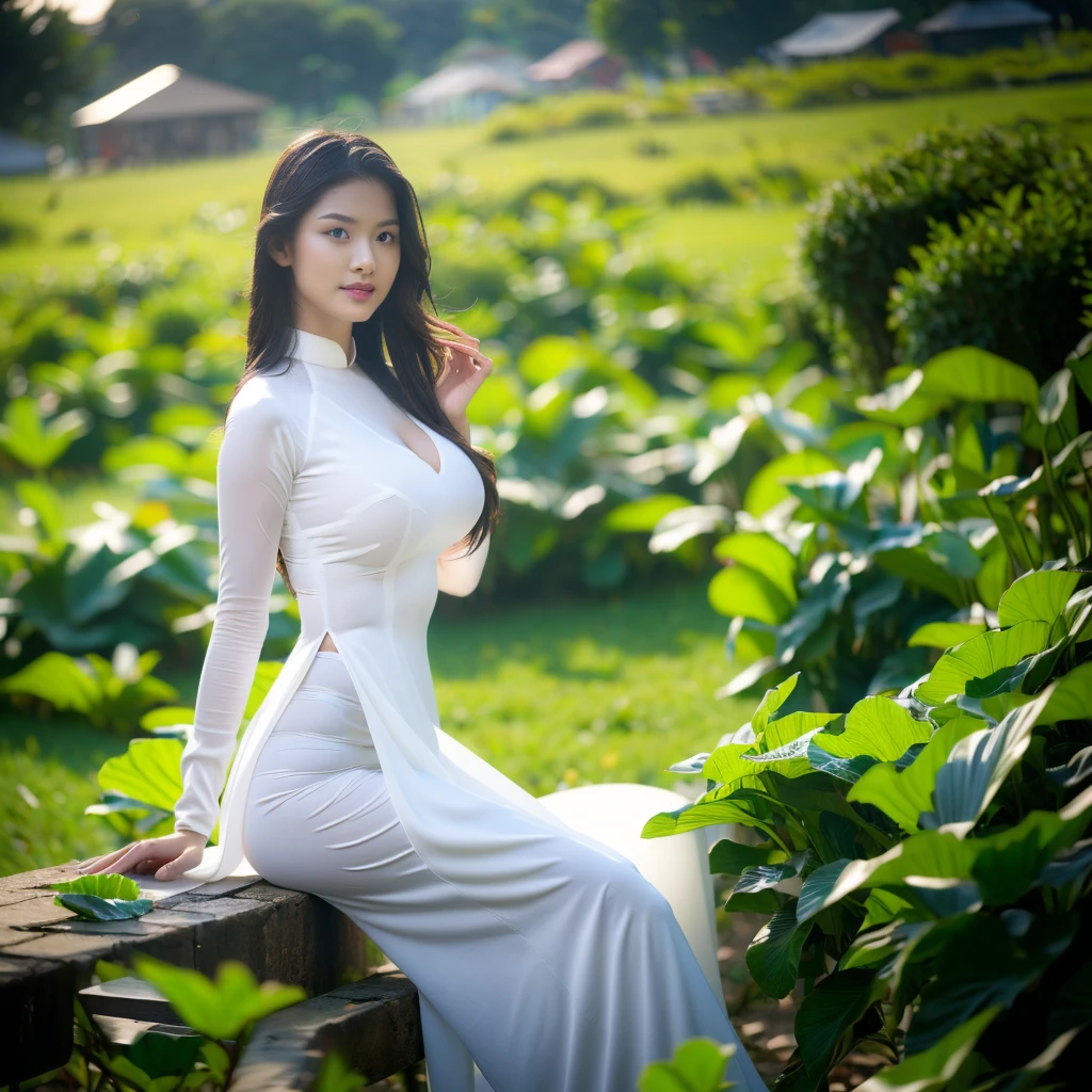 big breasts, round breasts, wearing bra inside ao dai, slim figure, beautiful figure, big breasts, ponytail, sharp 8k quality photo, ((beautiful, sharp, balanced face details) for )), ((beautiful breasts, exposed cleavage, plump body), ((beautiful sparkling eyes, sharp eye details, beautiful face)), sitting in the middle of a ripe rice field, ((super beautiful body with high details , tight body, big chest, slim waist))