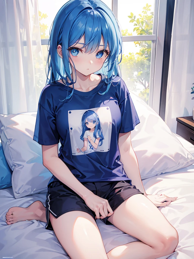 8K, Highest quality, (real:1.4), Original photo, 1 girl, Asari Hair, smart blue eyes,Sit on the bed,Shorts,T-Shirts
