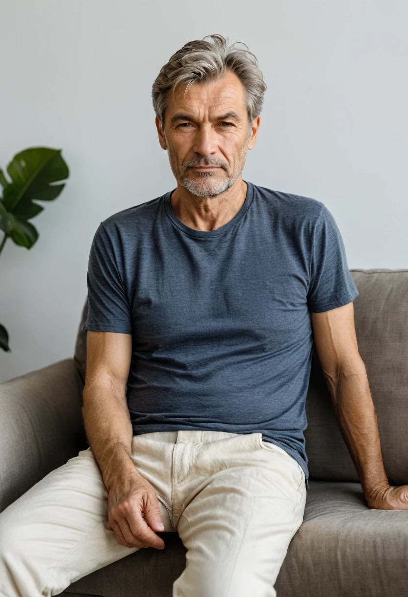 RAW photo, full body, 55-year-old man, wrinkles, casual t-shirt, sitting on the guest sofa, looking at the viewer, wearing cream shoes, straight forward position, in front of the viewpoint,