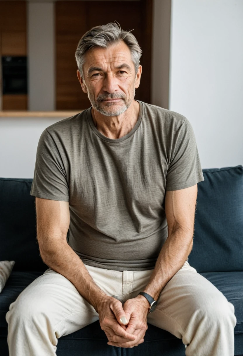 RAW photo, full body, 55-year-old man, wrinkles, casual t-shirt, sitting on the guest sofa, looking at the viewer, wearing cream shoes, straight forward position, in front of the viewpoint,