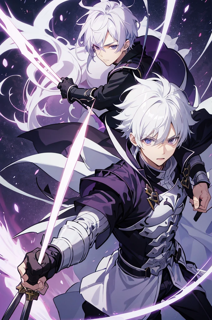 A 25 years old anime man with white hair, holding Two sung Jin woo Daggers, Wearing a dark and purple Armor 