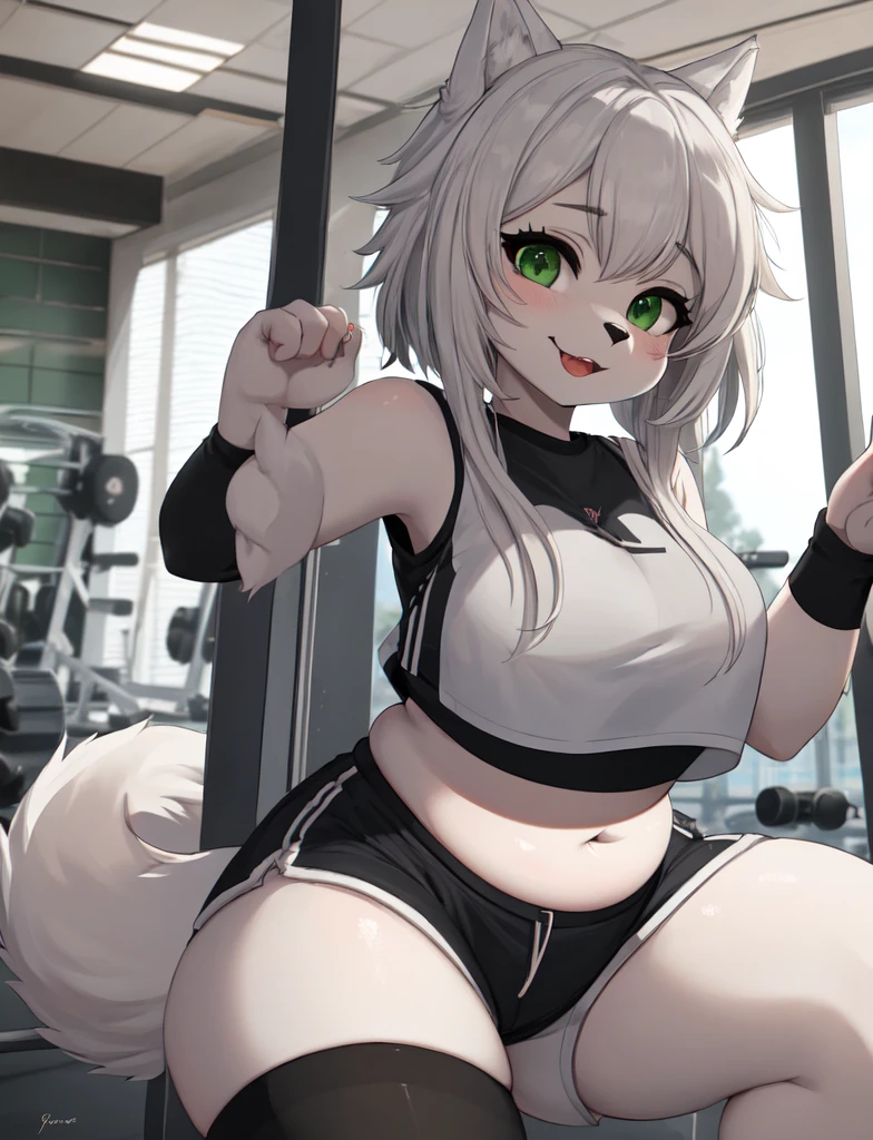 furry, curvy wolf woman, chubby, cute, white wolf, wearing a crop top and shorts, green eyes, short white hair, in gym