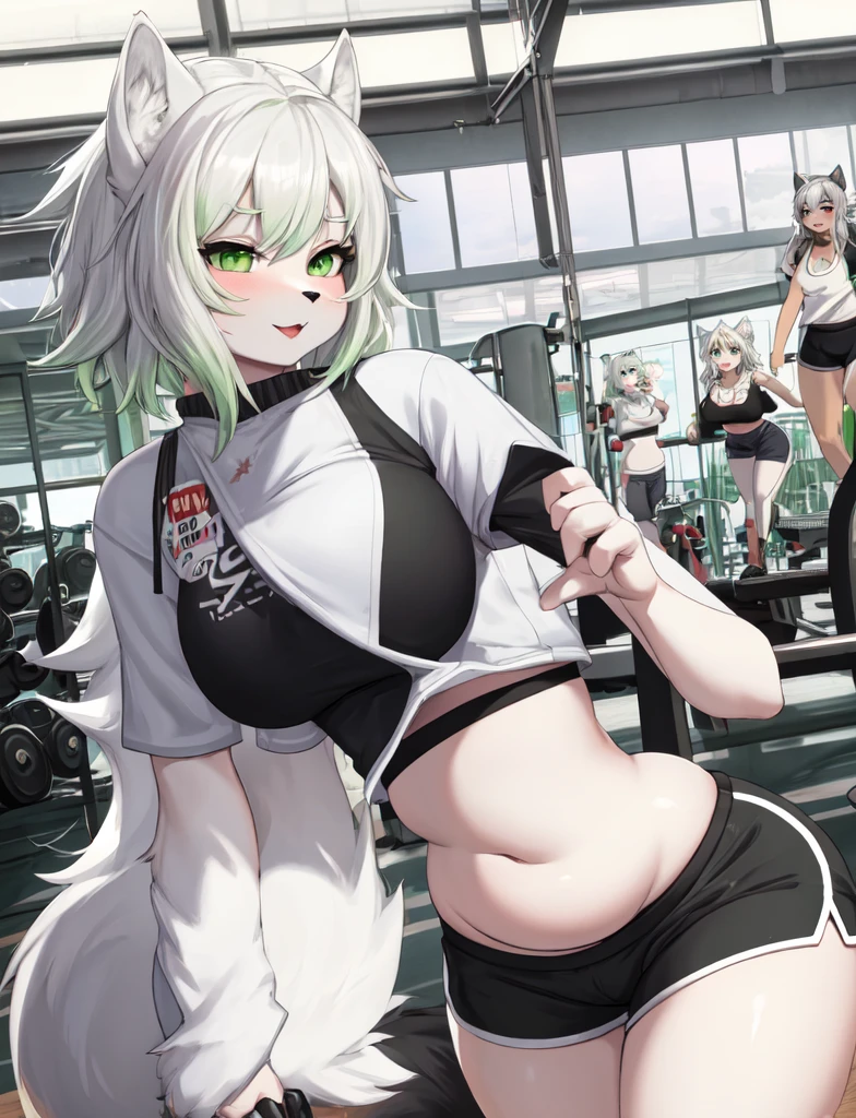 furry, curvy wolf woman, chubby, cute, white wolf, wearing a crop top and shorts, green eyes, short white hair, in gym