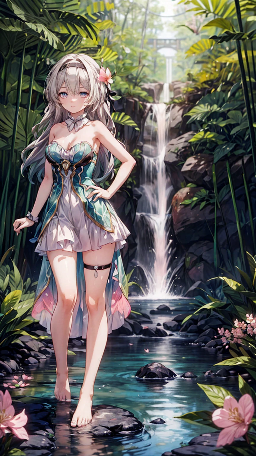 (Pink strapless dress :1.5), silver Long hair, black _ hair band, X-shaped _ eyebrows, hair band, POE _ Hair, bangs, bare shoulders, full body shot, black stockings, (Peach Blossom Forest:1.3),Creek,Bare feet,soaking feet,hand on hip