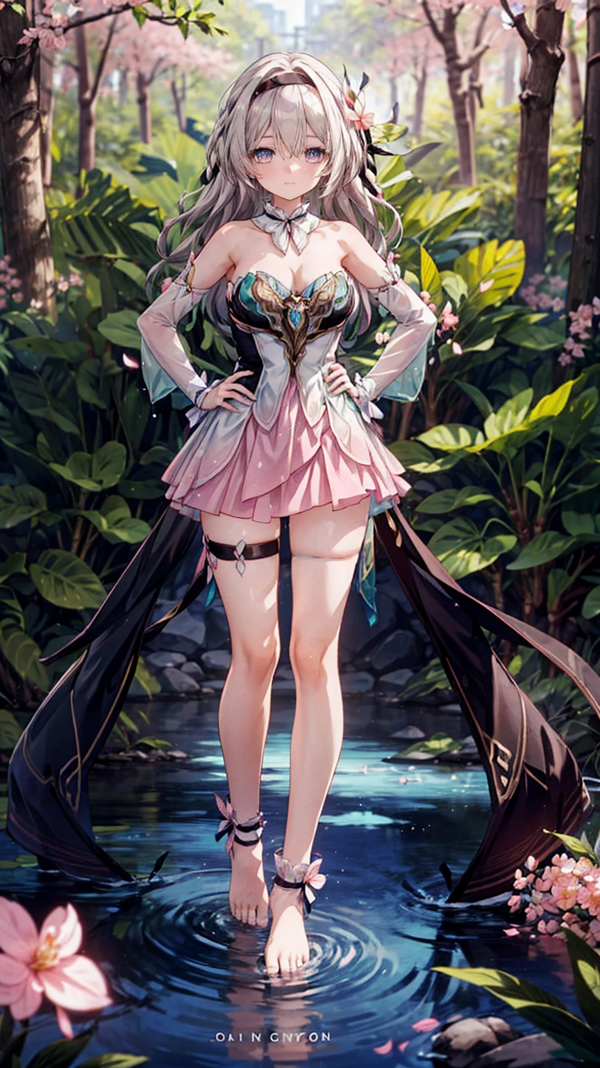 (Pink strapless dress :1.5), silver Long hair, black _ hair band, X-shaped _ eyebrows, hair band, POE _ Hair, bangs, bare shoulders, full body shot, black stockings, (Peach Blossom Forest:1.3),Creek,Bare feet,soaking feet,hand on hip