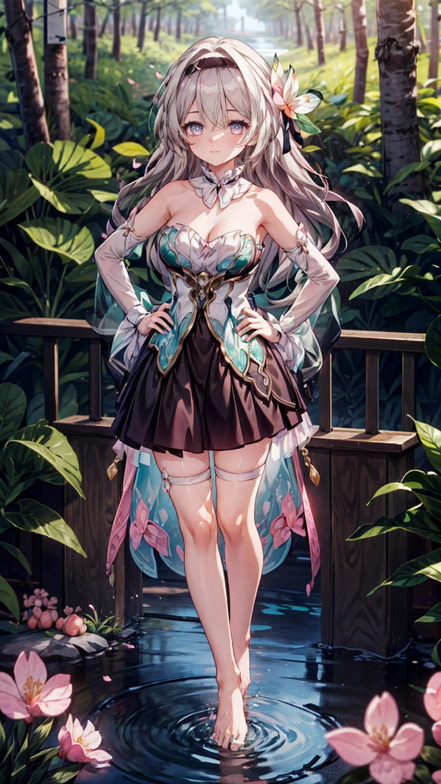 (Pink strapless dress :1.5), silver Long hair, black _ hair band, X-shaped _ eyebrows, hair band, POE _ Hair, bangs, bare shoulders, full body shot, black stockings, (Peach Blossom Forest:1.3)，Creek，Bare feet，soaking feet，hand on hip