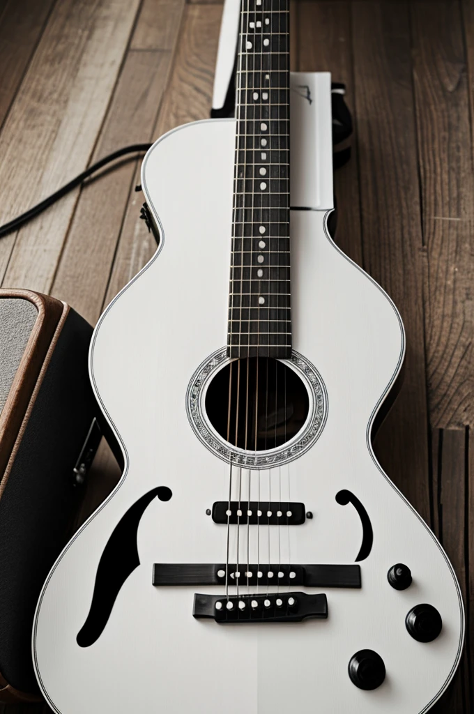 Quiero una guitarra 🎸 color blanco y negro tipo fotografiada con un libro y audífonos 🎧