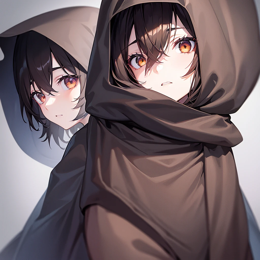 1girl, tired expression, wearing black hood, long brown hair, brown eyes, dark circles under eyes, pale skin