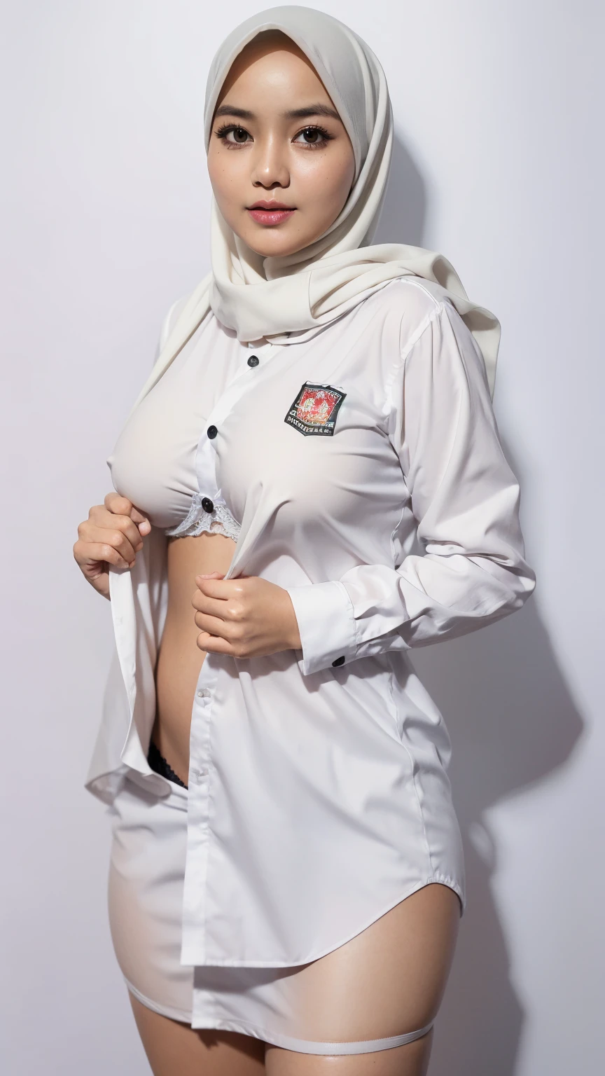 hd,high quality,4k,hyper realistic,masterpiece,((boobs)),((panties:1.3)),((blank background)),low lighting,(()),((night time)),((standing)),detail face,((white hijab)),full body,((open button shirt)),((showing bra:1.2)),indonesia schools,logo on shirt