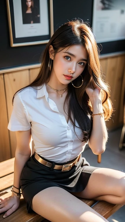 (8ก,high resolution,Masterpiece, best quality, alone, complicated details, Chromatic aberration), realistic, ((middle bust)), hair in one eye, big round hoop earrings, Diamond choker, Gold Necklace, silver necklace, small watch, bangle, bracelet, bangleข้อเท้า, waist necklace, (symmetrical eyes),(Perfect symmetrical body), (Photo of a beautiful age girl of 24 years old), Beautiful and charming with contemporary fashion paintings as well......, looking at the audience, ((Behind the scenes of a large classroom)), (black short skirt), (((Wear a blue shirt over มัน...., ((whมันe short sleeve, Open chest shirt), ((Open your shirt and show a little of your breasts...., very good,)), (), (Sagging breasts.))), (()), (Long square leather belt buckle), ((Put your hands down.)), (Bob, medium length hair, pinch, Side flatness, brass colored hair, (There is a thin layer of hair covering the face.........)), sharp eyeliner, eyelid, Blush, have thick eyelashes, sharp eyes, purple eyes, pink cheeks, Very delicate and beautiful, round chin, Sharp focus, elegant, (Open your legs on the study table.........), (Soman turns his head to look at the camera......), (Open your legs and lift your right leg over your left leg.........), (Close-up photo, Shot from the shin below the knee...),, (Sagging breasts.), camel toe, (sitting on the table reading a book..), (Sit with your legs apart...., free feet, Show off faded underwear), (), (Close-up full body photo, Saw black stilettos....