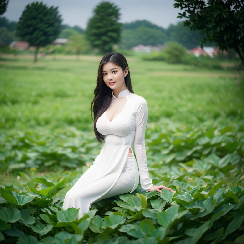 big breasts, round breasts, wearing bra inside ao dai, slim figure, beautiful figure, big breasts, ponytail, sharp 8k quality photo, ((beautiful, sharp, balanced face details) for )), ((beautiful breasts, exposed cleavage, plump body), ((beautiful sparkling eyes, sharp eye details, beautiful face)), sitting in the middle of a ripe rice field, ((super beautiful body with high details , tight body, big chest, slim waist))