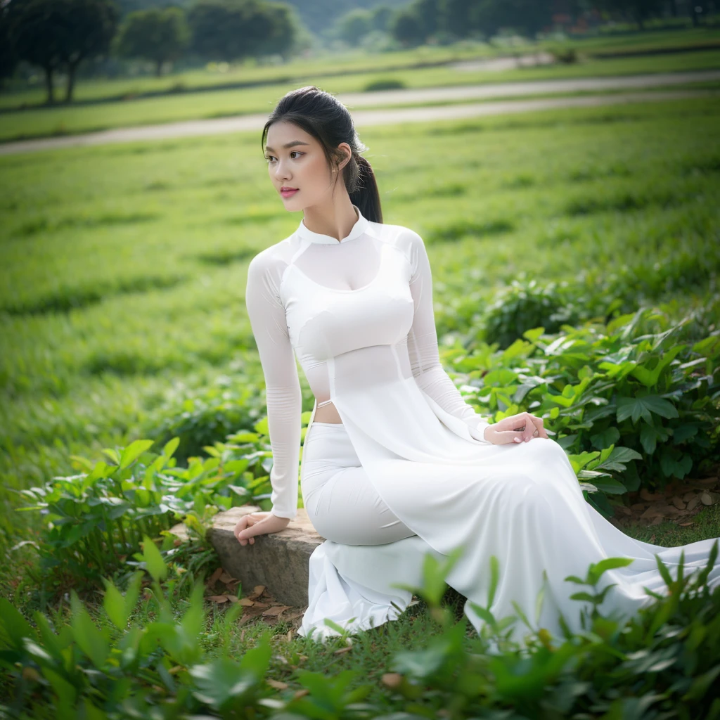 big breasts, round breasts, wearing bra inside ao dai, slim figure, beautiful figure, big breasts, ponytail, sharp 8k quality photo, ((beautiful, sharp, balanced face details) for )), ((beautiful breasts, exposed cleavage, plump body), ((beautiful sparkling eyes, sharp eye details, beautiful face)), sitting in the middle of a ripe rice field, ((super beautiful body with high details , tight body, big chest, slim waist))