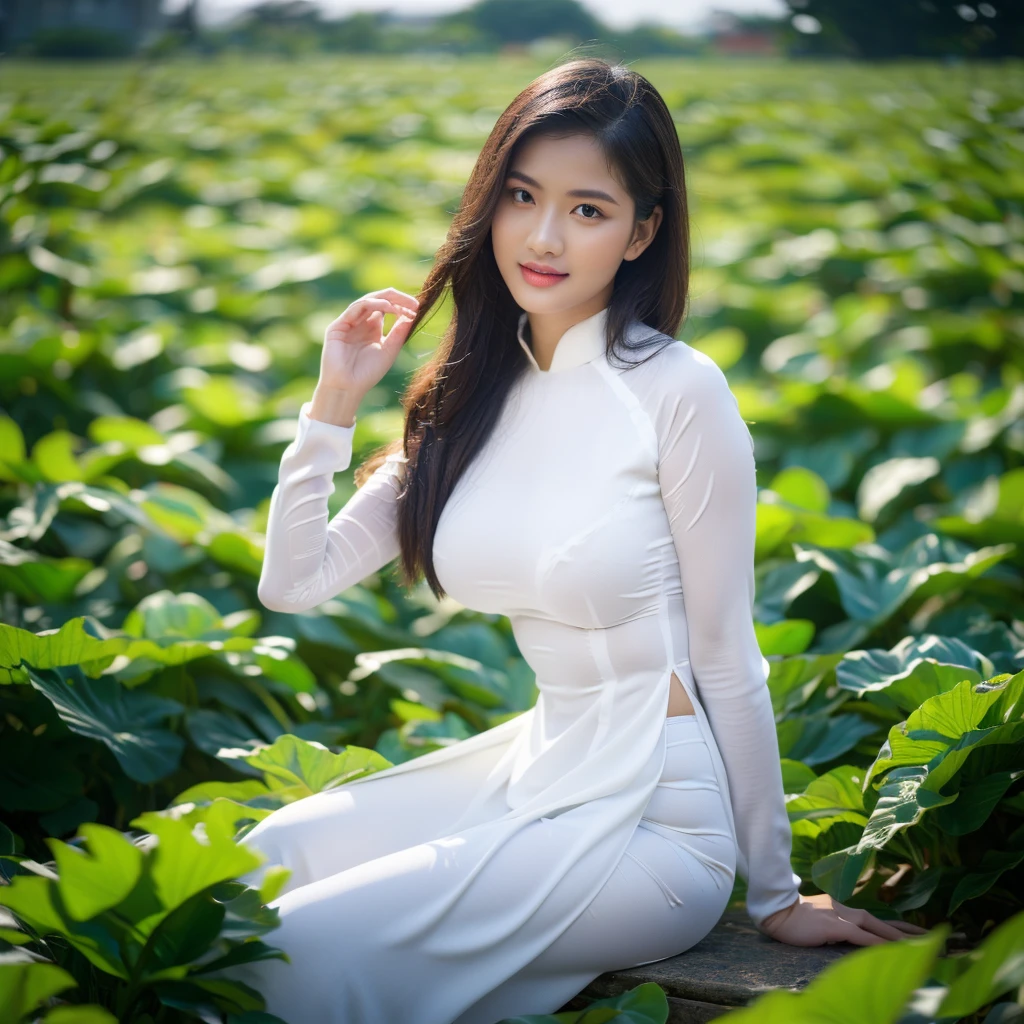 big breasts, round breasts, wearing bra inside ao dai, slim figure, beautiful figure, big breasts, ponytail, sharp 8k quality photo, ((beautiful, sharp, balanced face details) for )), ((beautiful breasts, exposed cleavage, plump body), ((beautiful sparkling eyes, sharp eye details, beautiful face)), sitting in the middle of a ripe rice field, ((super beautiful body with high details , tight body, big chest, slim waist))