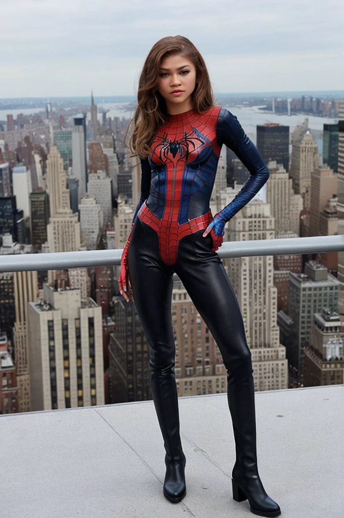 Zendaya as Spider-Girl, standing on top of a New York building, flat boots 