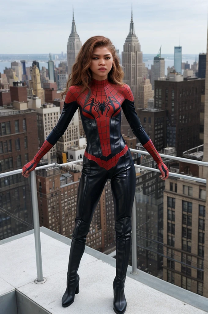 Zendaya as Spider-Girl, standing on top of a New York building, flat boots 