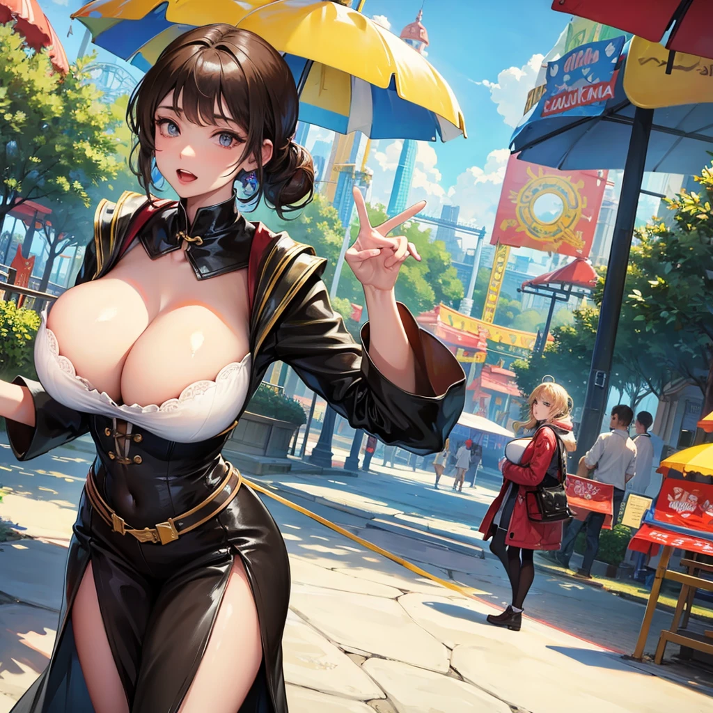 Woman with huge breasts walking in an amusement park showing her provocative cleavage