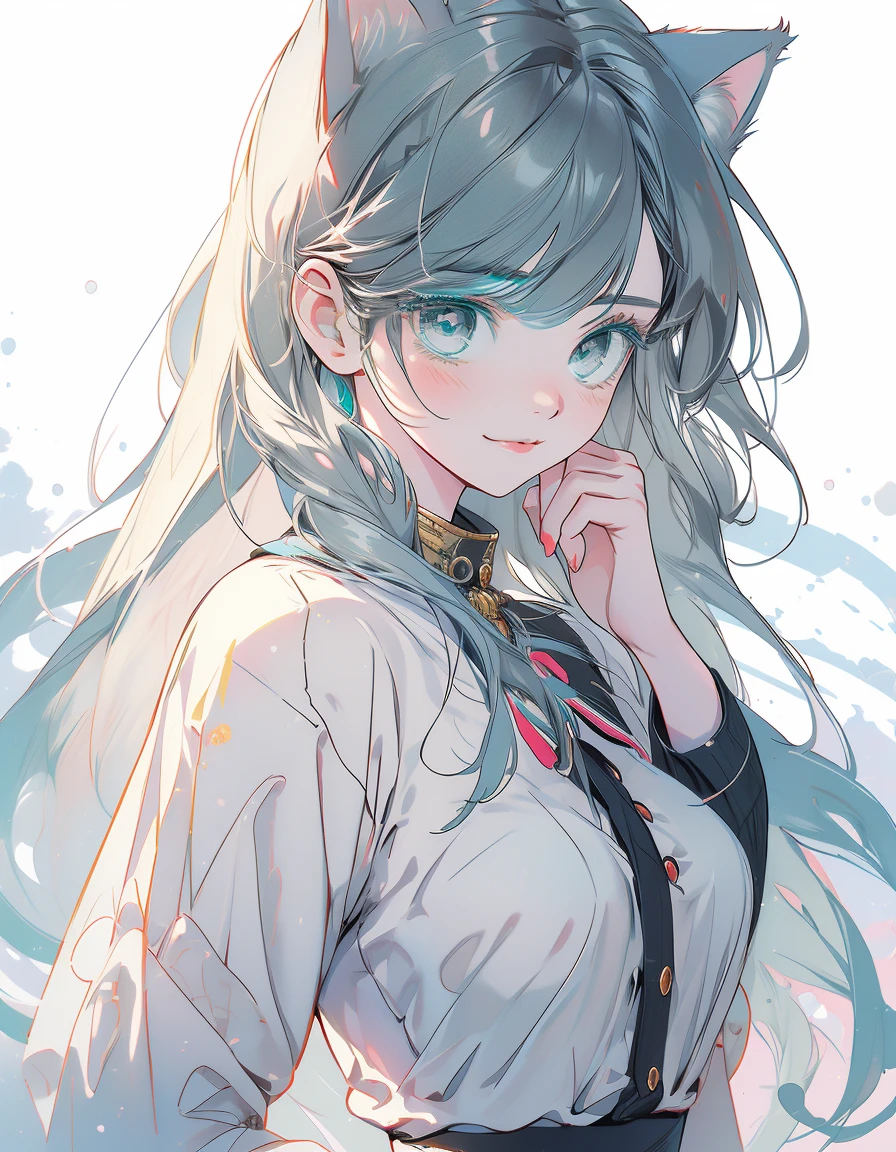 gal, smile, wink, one closed eye, ((masterpiece, best quality:1.5)), ((Beautiful detailed cat aqua eyes:1.2)), cat ears, pale skin, medium breasts, beautiful hands, beautiful fingers, EasyNegative