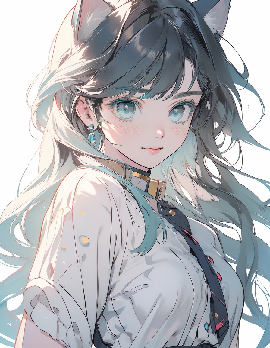 gal, smile, wink, one closed eye, ((masterpiece, best quality:1.5)), ((Beautiful detailed cat aqua eyes:1.2)), cat ears, pale skin, medium breasts, beautiful hands, beautiful fingers, EasyNegative