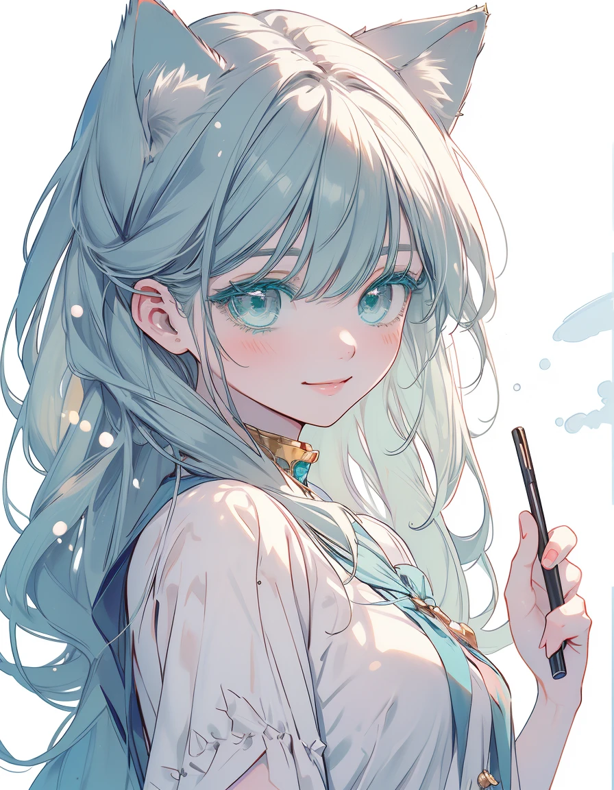 gal, smile, wink, one closed eye, ((masterpiece, best quality:1.5)), ((Beautiful detailed cat aqua eyes:1.2)), cat ears, pale skin, medium breasts, beautiful hands, beautiful fingers, EasyNegative