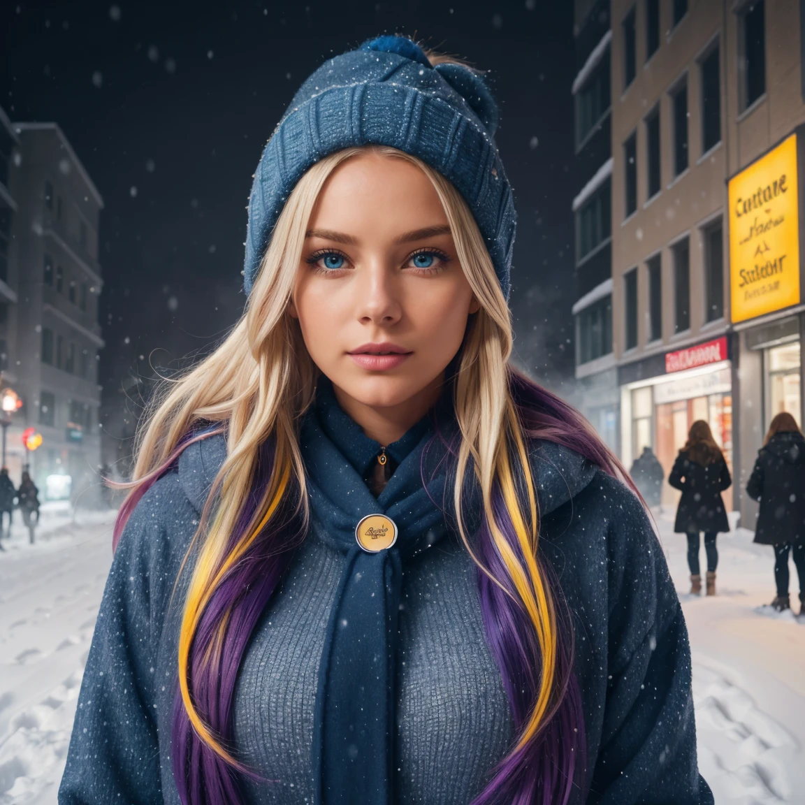 professional portrait photograph of a gorgeous Norwegian girl in winter clothing with long wavy blonde hair with vibrant blue purple and yellow streaks,blue eye , sultry flirty look, gorgeous symmetrical face, cute natural makeup, wearing elegant warm winter fashion clothing, ((standing outside in snowy city street)), stunning modern urban environment, ultra realistic, concept art, elegant, highly detailed, intricate, sharp focus, depth of field, f/1. 8, 85mm, medium shot, mid shot, (((professionally color graded))), bright soft diffused light, (volumetric fog), trending on instagram, hdr 4k, 8k