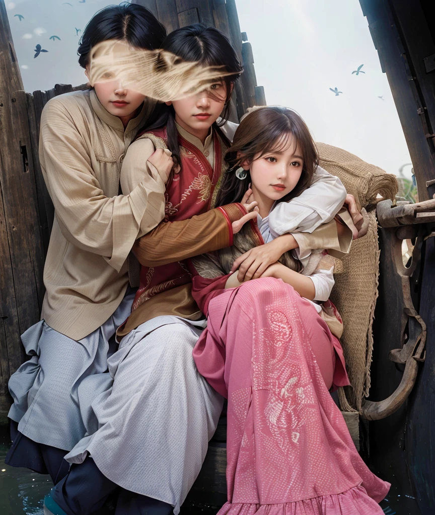 Ultra HD image of a couple (one man and one woman), woman on foreground, man hugging the woman, shalwar qameez, agricultural form, canals, birds, soft light, love, passionate, Indonesia
