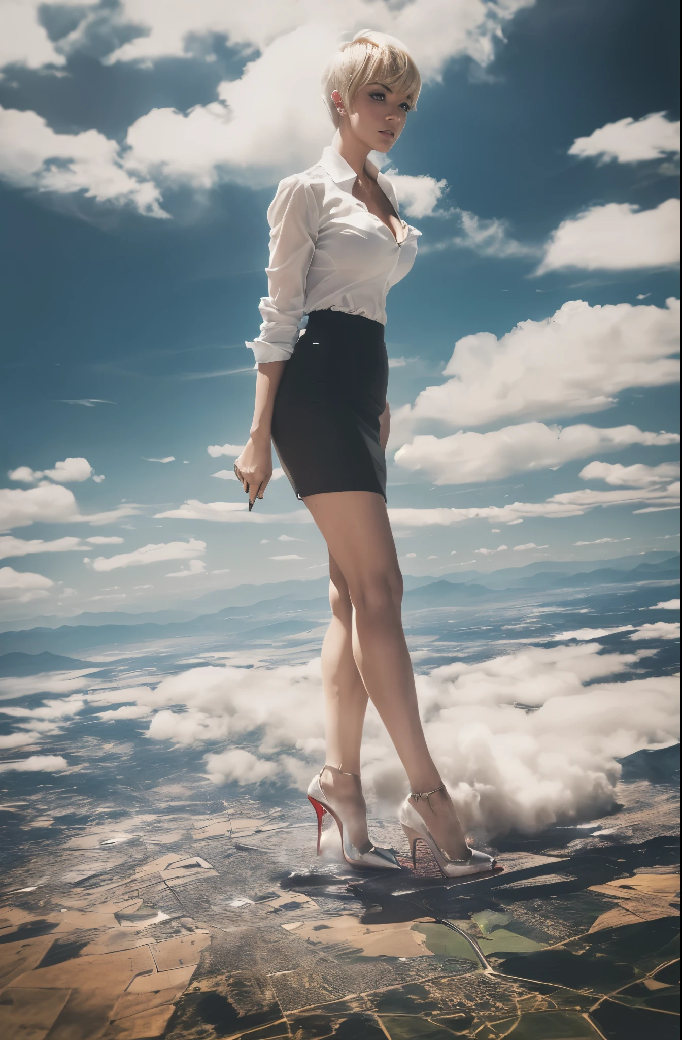 Lily Allen, (masterpiece, best quality, best shadows, best shading, perfect hands, perfect face, cinematic lighting, colorful, ultra-detailed, beautiful photography, character focus, extremely-detailed, photorealistic, hyper photorealism, atmospheric), (rural destruction:1.7), (giantess, stereotypical office worker), (dirty, filthy, unwashed, sweaty, unkempt, angry, tired, exhausted, annoyed), (walking, mid stride, stepping down on, stomping, crush, rampage), (black patent Louboutin pointed toe pumps, high heels, stiletto heels), ((revealing crisp white blouse, short black pencil skirt)), (short blonde pixie hair), (high altitude photography, satellite view), (exposed cleavage, heaving bosom, legs), (urban sprawl, farmland and small towns, destruction, buildings, roads), (((cloudy, overcast, clouds and atmosphere partly obscuring the subject, hazy atmosphere, haze in foreground, wispy clouds)))