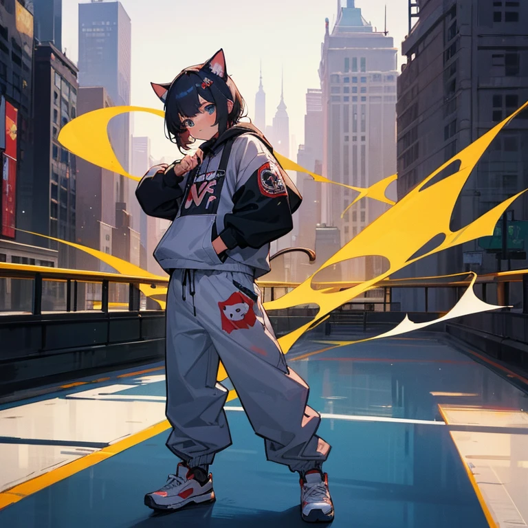 Highest quality、Best Quality、Cat、リアルなCat、全身Cat、Bipedal、Hip-hop attire、New York in the background