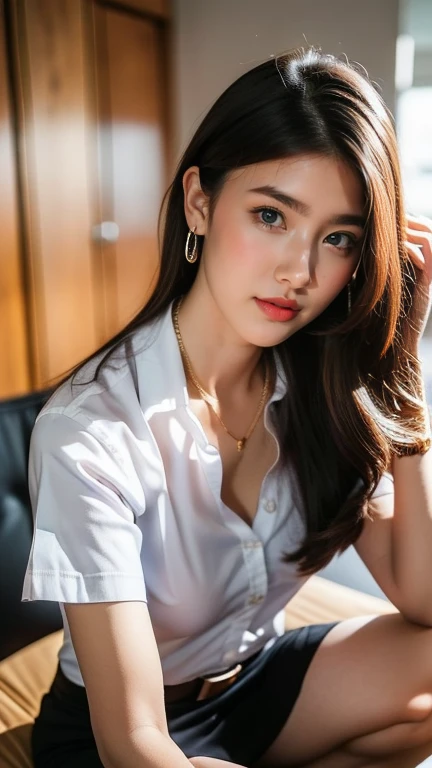 (8ก,high resolution,Masterpiece, best quality, alone, complicated details, Chromatic aberration), realistic, ((middle bust)), hair in one eye, big round hoop earrings, Diamond choker, Gold Necklace, silver necklace, small watch, bangle, bracelet, bangleข้อเท้า, waist necklace, (symmetrical eyes),(Perfect symmetrical body), (Photo of a beautiful teenage girl of 24 years old), Beautiful and charming with contemporary fashion paintings as well......, looking at the audience, ((Behind the scenes of a large classroom)), (black short skirt), (((Wear a blue shirt over มัน...., ((whมันe short sleeve, Open chest shirt), ((Open your shirt and show a little of your breasts...., very good,)), (), (Sagging breasts.))), (()), (Long square leather belt buckle), ((Put your hands down.)), (Bob, medium length hair, pinch, Side flatness, brass colored hair, (There is a thin layer of hair covering the face.........)), sharp eyeliner, eyelid, Blush, have thick eyelashes, sharp eyes, purple eyes, pink cheeks, Very delicate and beautiful, round chin, Sharp focus, elegant, (Open your legs on the study table.........), (Soman turns his head to look at the camera......), (Open your legs and lift your right leg over your left leg.........), (Close-up photo, Shot from the shin below the knee...),, (Sagging breasts.), camel toe, (sitting on the table reading a book..), (Sit with your legs apart...., free feet, Show off faded underwear), (), (Close-up full body photo, Saw black stilettos....