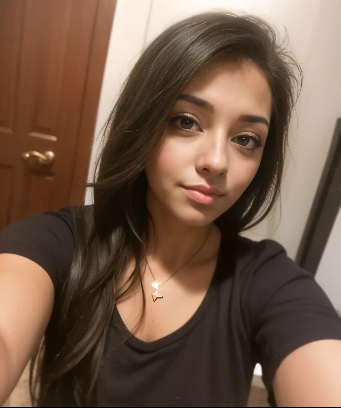 there is a woman with long black hair and a black shirt, alanis guillen, selfie of a young woman, looks like fabiula natal, 30-year-old woman from cuba, profile image, black hair and big eyes, with black hair, selfie shot, about 19 years old, beautiful latin face, Dark lipstick, cleavage