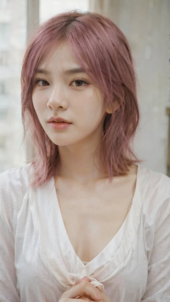 Beautiful , portrait, pretty face, pink hair, asian, attractive, realistic , realism