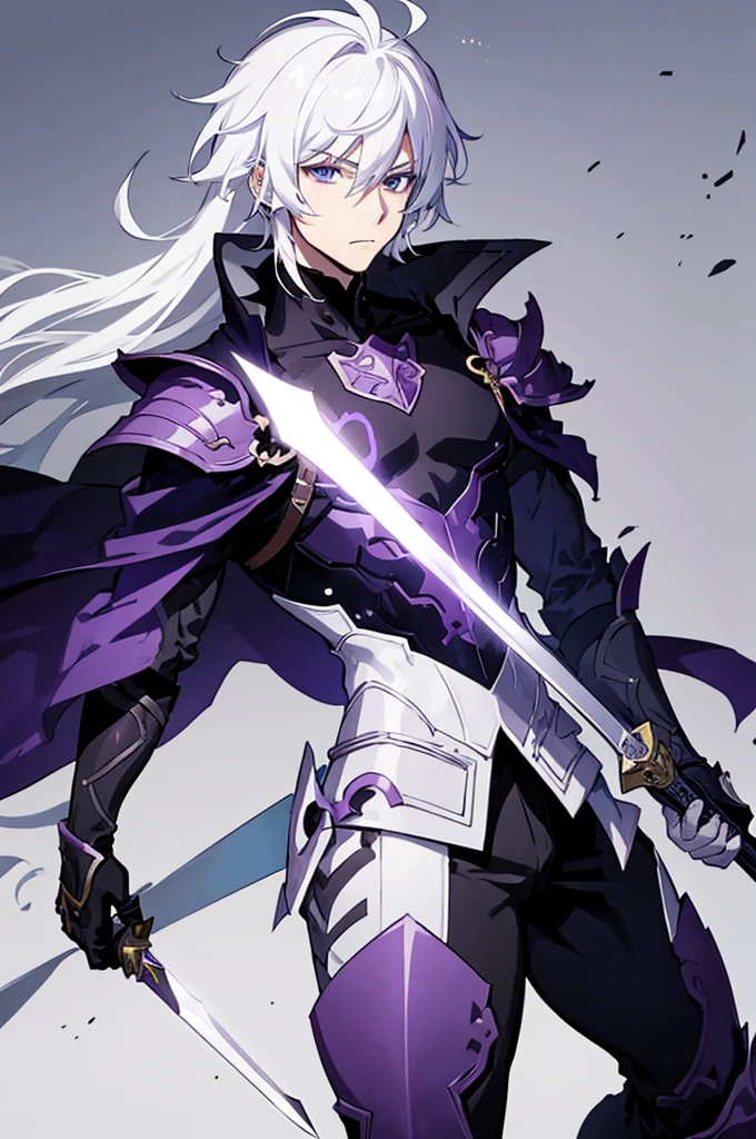 A 25 years old anime man with white hair, holding a Dagger, Wearing a dark and purple Armor