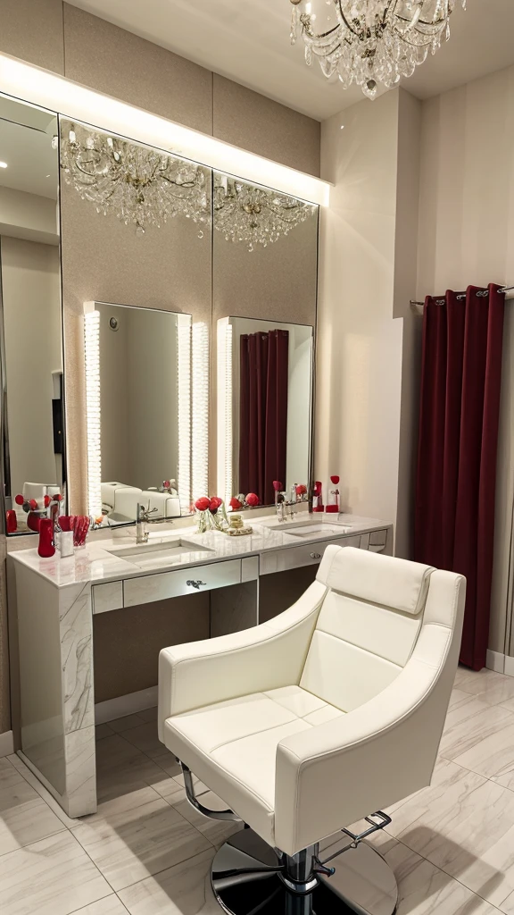 Luxurious Salon in The name of LIMELITE with mirrors and chair in salon setup White and red
