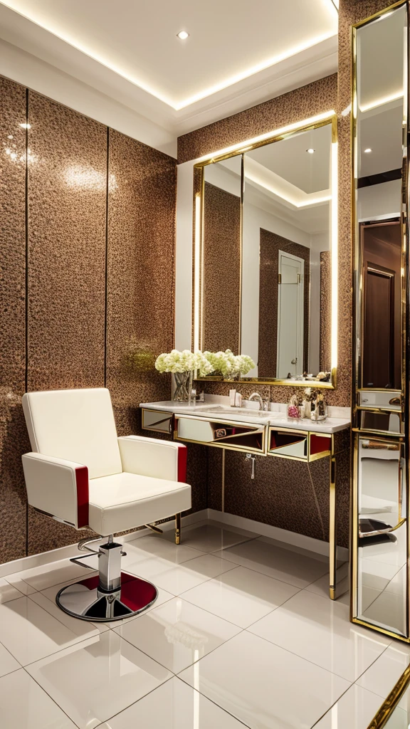 Luxurious Salon in The name of LIMELITE with mirrors and chair in salon setup White and red