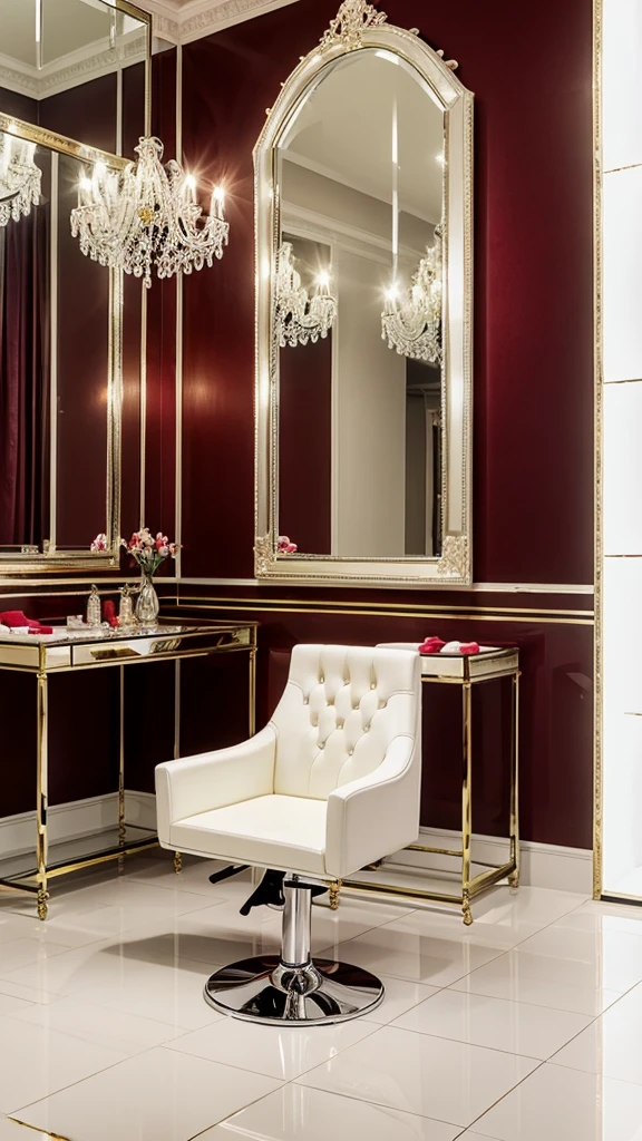 Luxurious Salon in The name of LIMELITE with mirrors and chair in salon setup White and red
