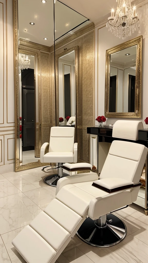 Luxurious Salon in The name of LIMELITE with mirrors and chair in salon setup White and red