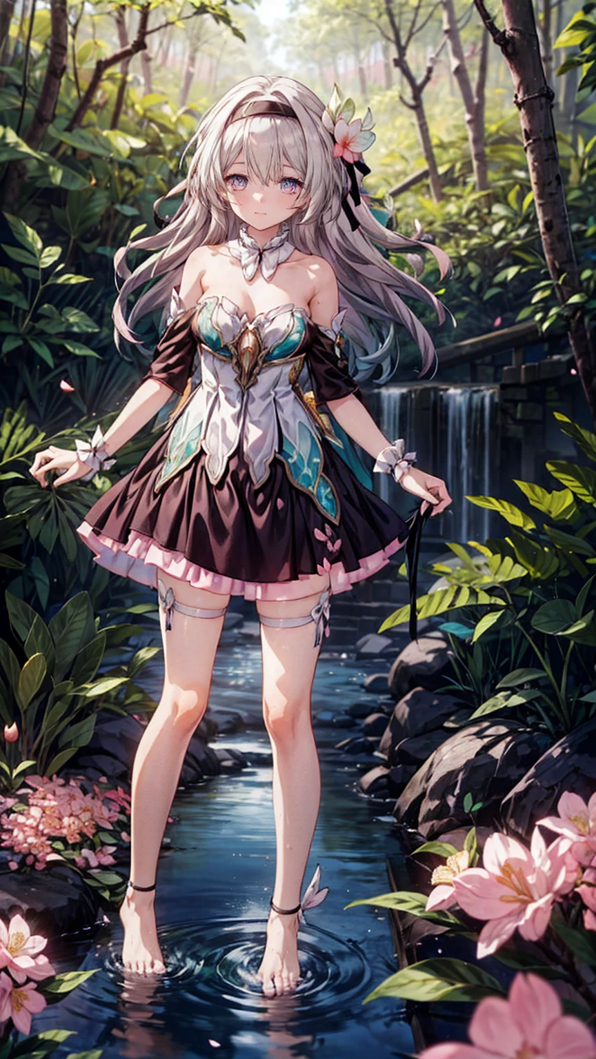 (Pink strapless dress :1.5), silver Long hair, black _ hair band, X-shaped _ eyebrows, hair band, POE _ Hair, bangs, bare shoulders, full body shot, black stockings, (Peach Blossom Forest:1.3)，Creek，Bare feet，soaking feet，