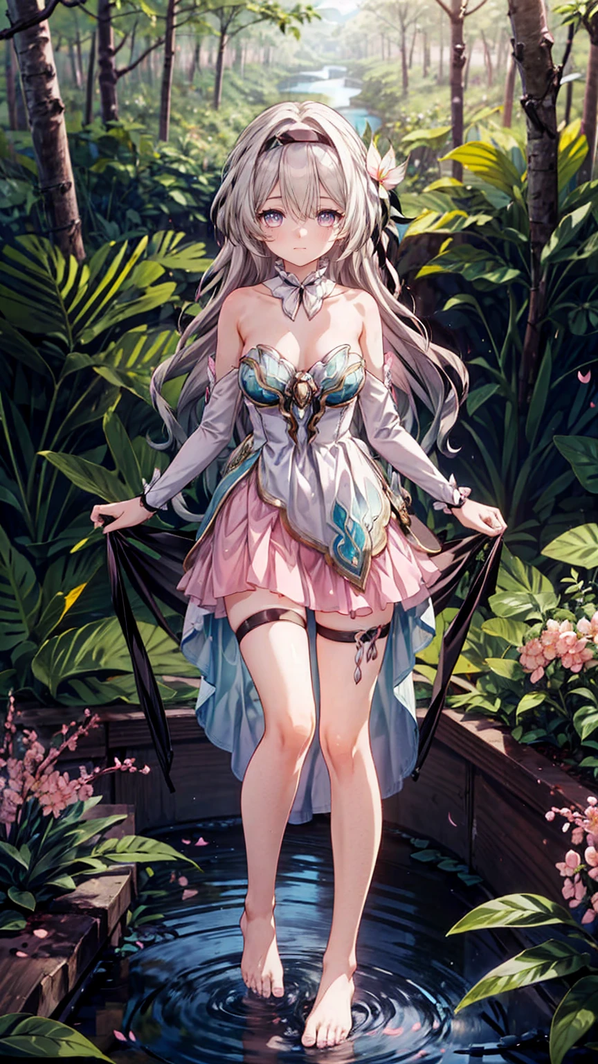 (Pink strapless dress :1.5), silver Long hair, black _ hair band, X-shaped _ eyebrows, hair band, POE _ Hair, bangs, bare shoulders, full body shot, black stockings, (Peach Blossom Forest:1.3),Creek,Bare feet,soaking feet,
