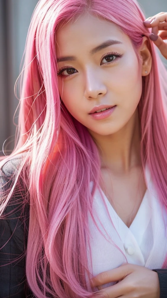 Beautiful , portrait, pretty face, pink hair, asian, attractive, realistic , realism